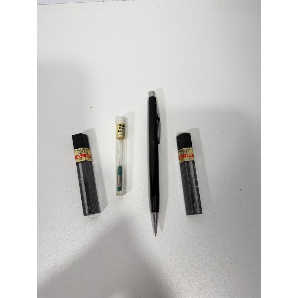 Pentel‎ P225 Sharp Mechanical Pencil 0.5mm Black w HB Lead Refills and Erasers